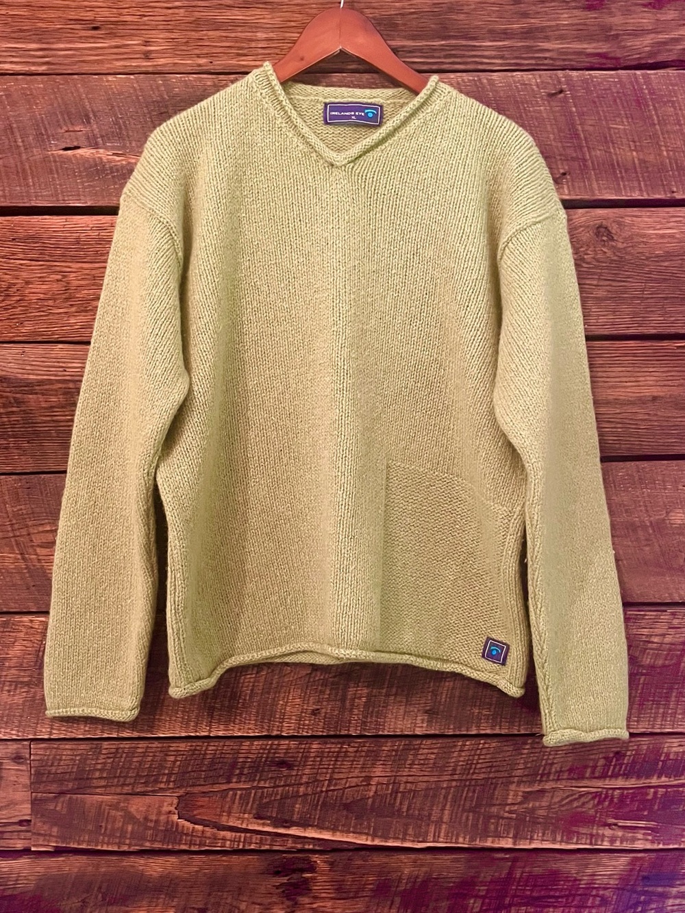 Irelands Eye wool rolled v-neck sweater green  rolled sleeves & hem oversized XL